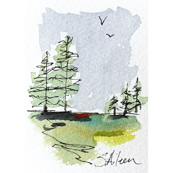 ACEO Landscape Painting Watercolor Ink Pine Trees Birds in Sky Green II Signed - Picture 1 of 2